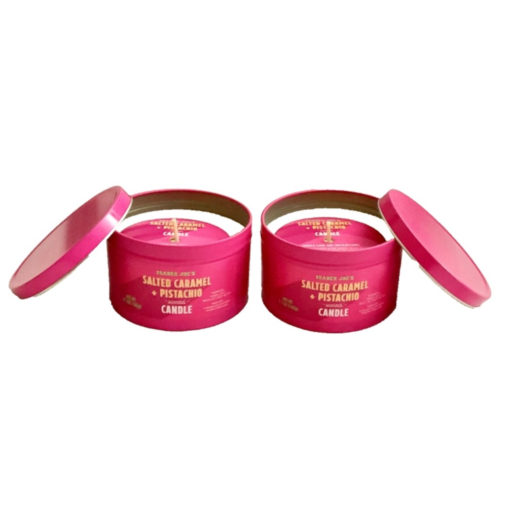 Set of 2 Trader Joe’s Salted Caramel & Pistachio Brazil Nut Candle in a Tin